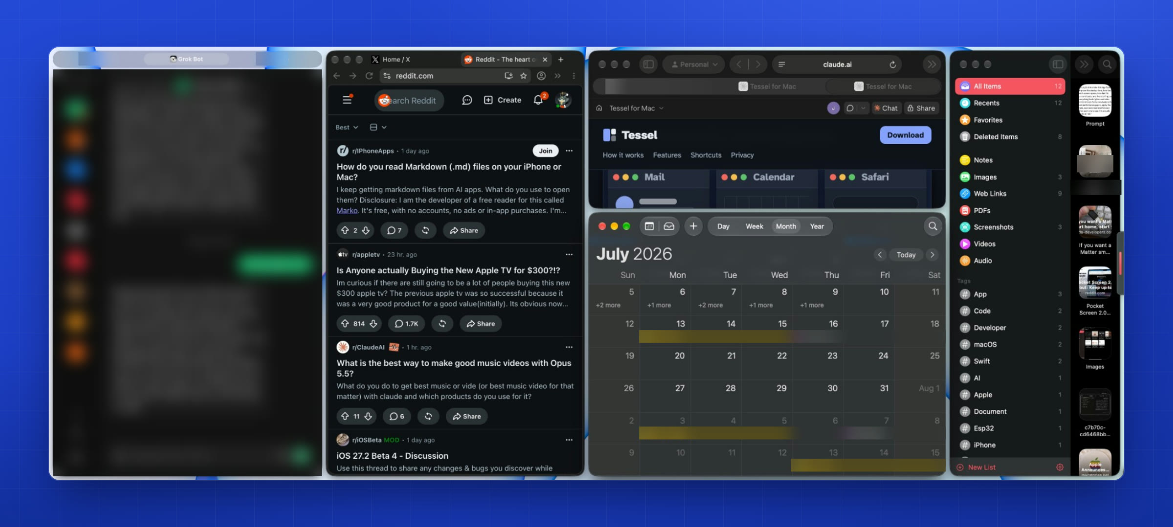 A real desktop with five tiles: three chat apps grouped as tabs under one glass tab bar, a browser, the Tessel website, Calendar and a bookmarks library.