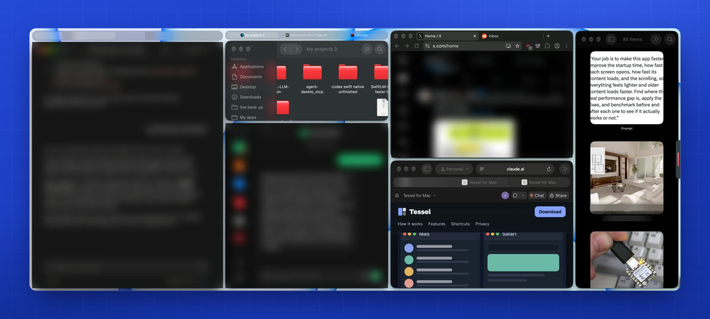 A busy desktop with nine apps in six tiles, two of them groups of tabs, and no window overlapping another.