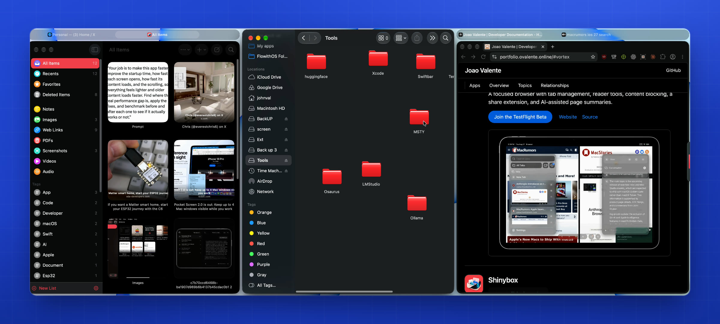 A wide desktop tiled into three columns: a bookmarks library, Finder and a browser, side by side with no overlaps.