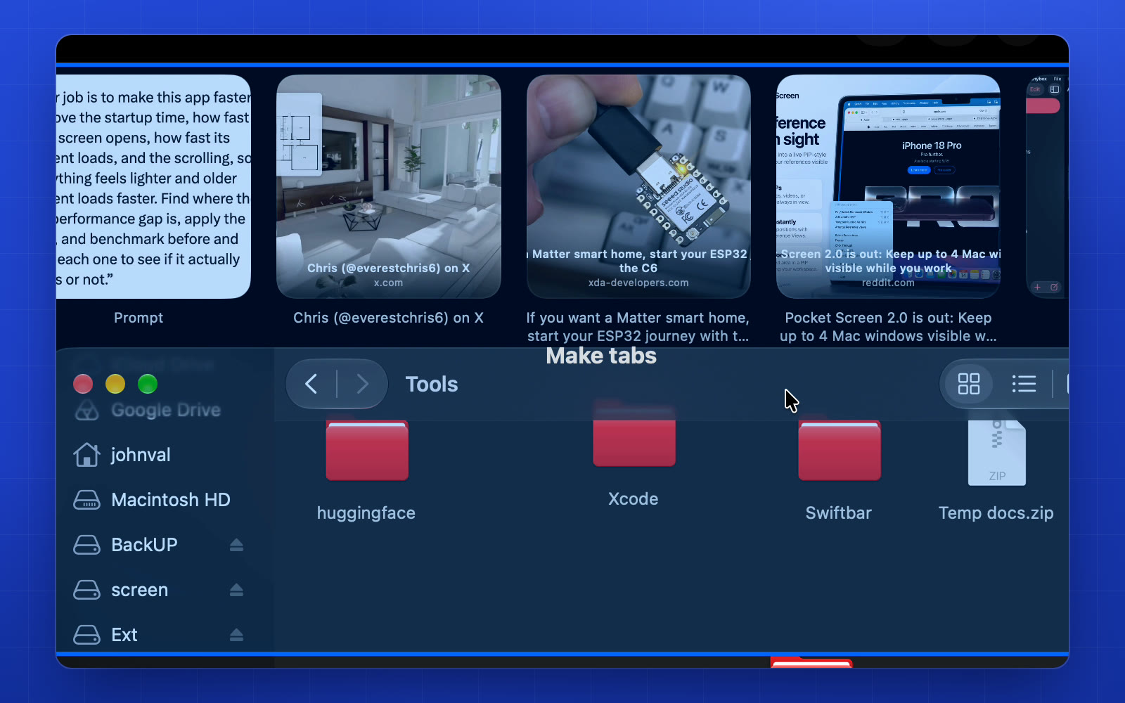 Finder dragged onto the middle of the library window, which is outlined in blue and labelled Make tabs.